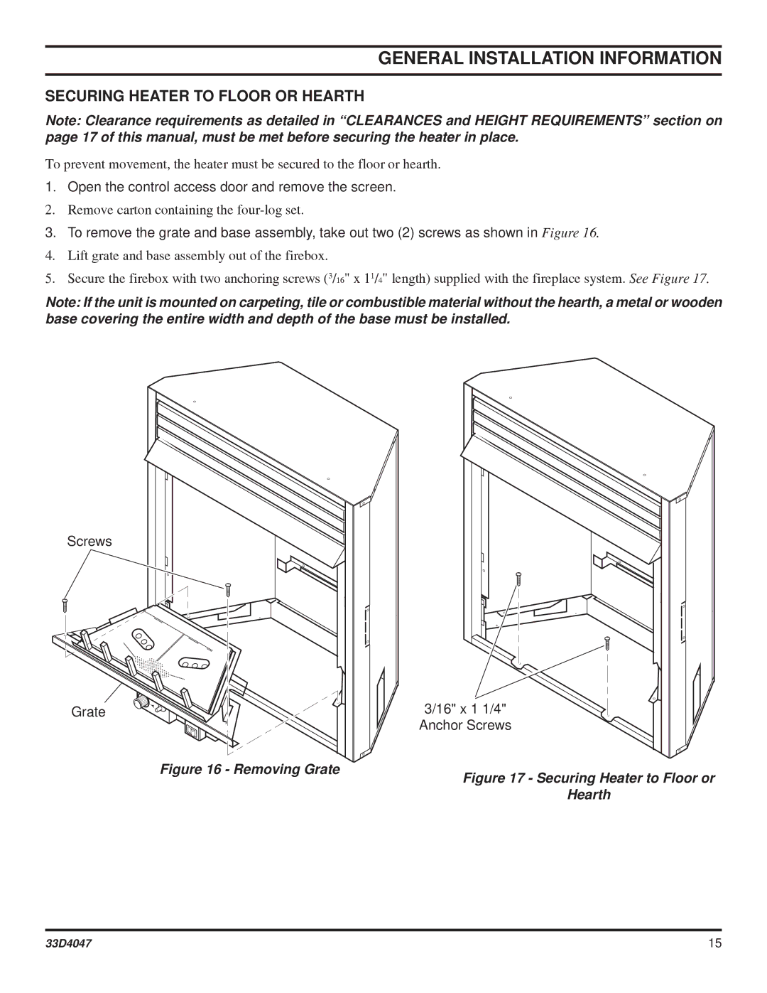 Monessen Hearth DBX24C* manual Securing Heater to Floor or Hearth, Removing Grate 