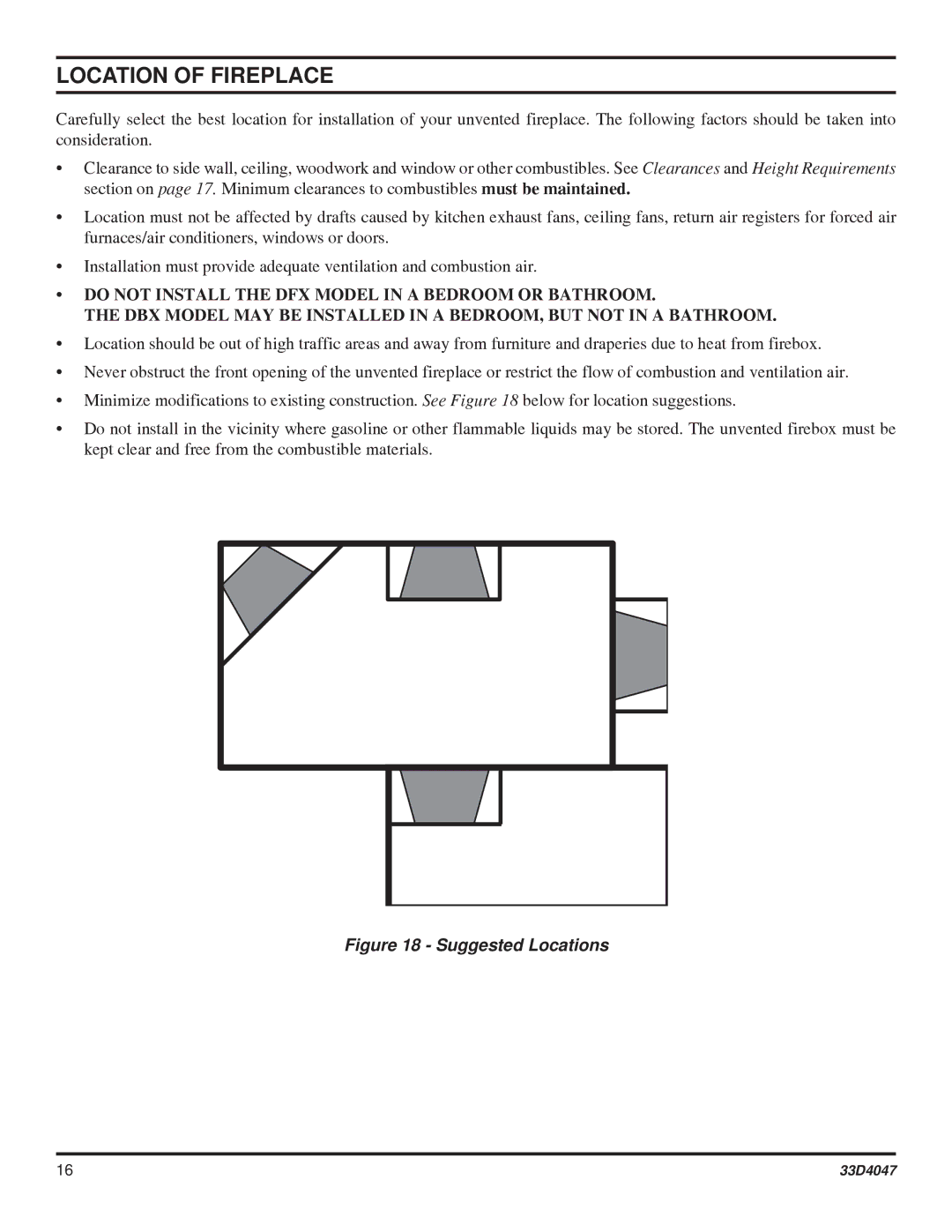 Monessen Hearth DBX24C* manual Location of Fireplace, Suggested Locations 