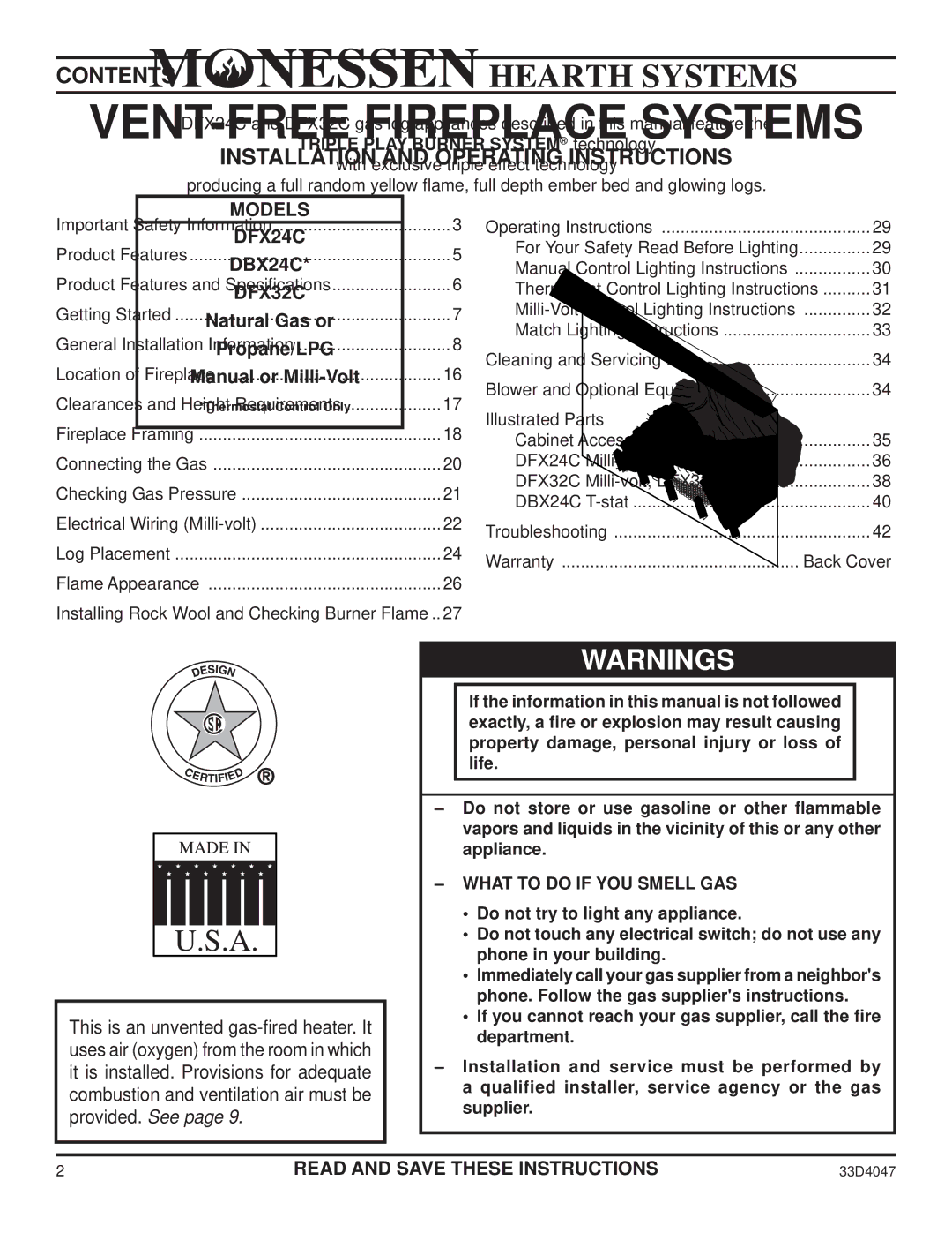 Monessen Hearth DBX24C* manual Contents 