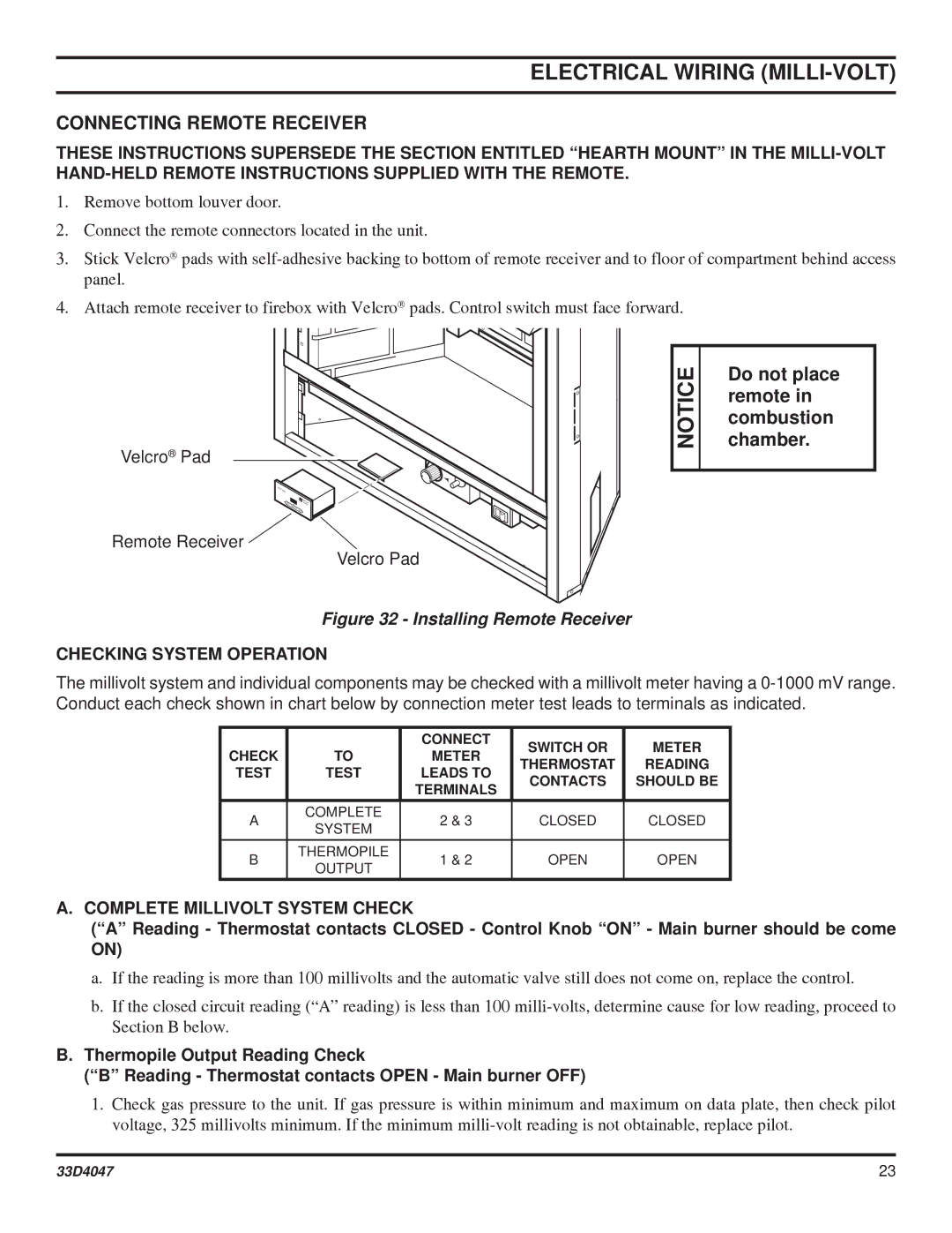 Monessen Hearth DBX24C* manual Connecting Remote Receiver, Checking System Operation, Complete Millivolt System Check 