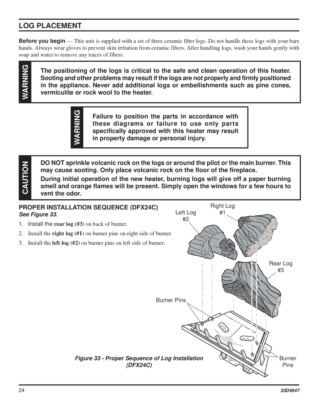 Monessen Hearth DBX24C* manual LOG Placement, Proper Installation Sequence DFX24C 