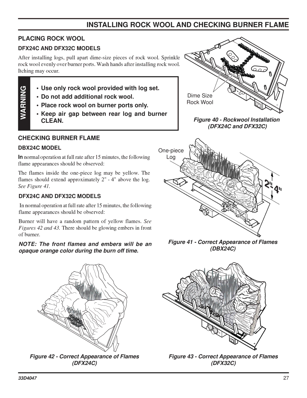 Monessen Hearth DBX24C* manual Installing Rock Wool and Checking Burner Flame, Placing Rock Wool, Clean 