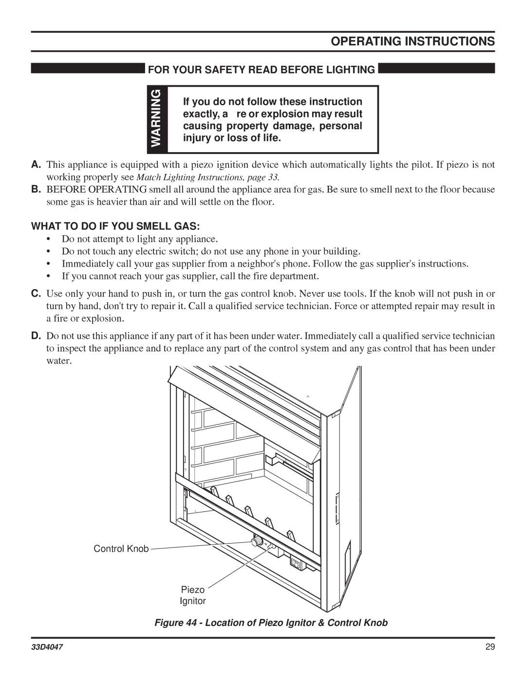 Monessen Hearth DBX24C* manual Operating Instructions, For Your Safety Read Before Lighting, What to do if YOU Smell GAS 