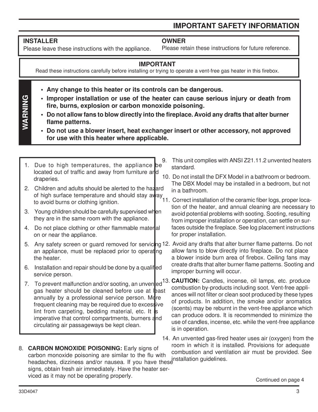 Monessen Hearth DBX24C* manual Important Safety Information, Installer, Owner 