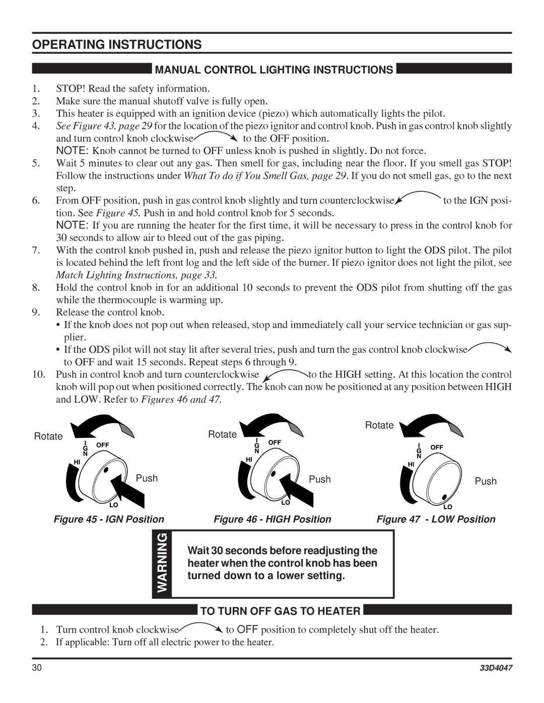 Monessen Hearth DBX24C* manual Manual Control Lighting Instructions, To Turn OFF GAS to Heater 