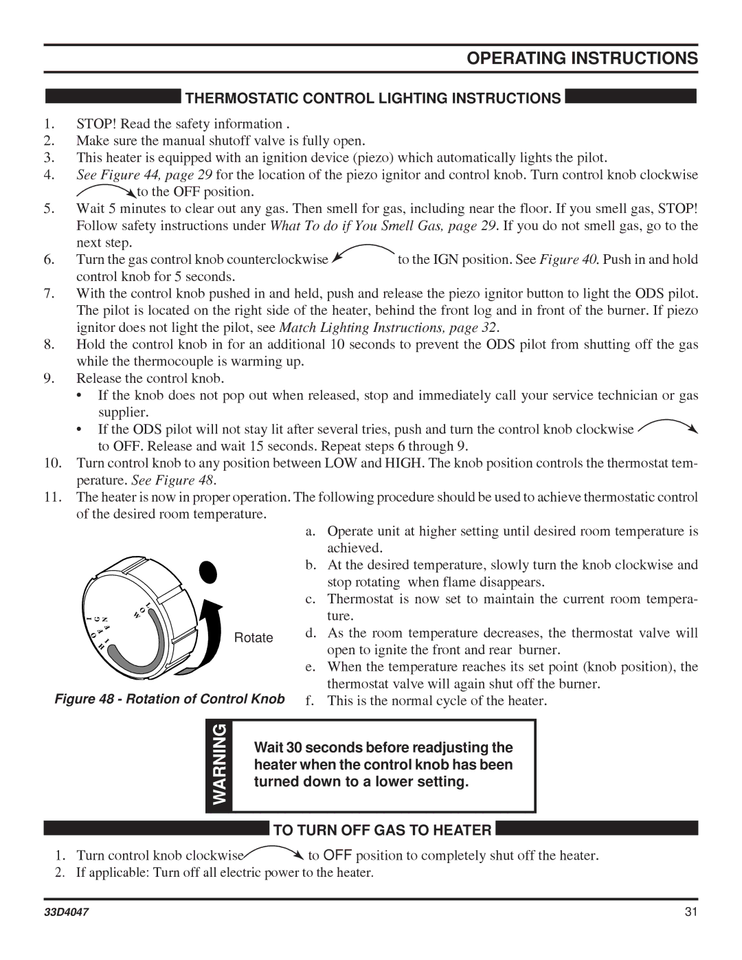 Monessen Hearth DBX24C* manual Thermostatic Control Lighting Instructions, Rotation of Control Knob 