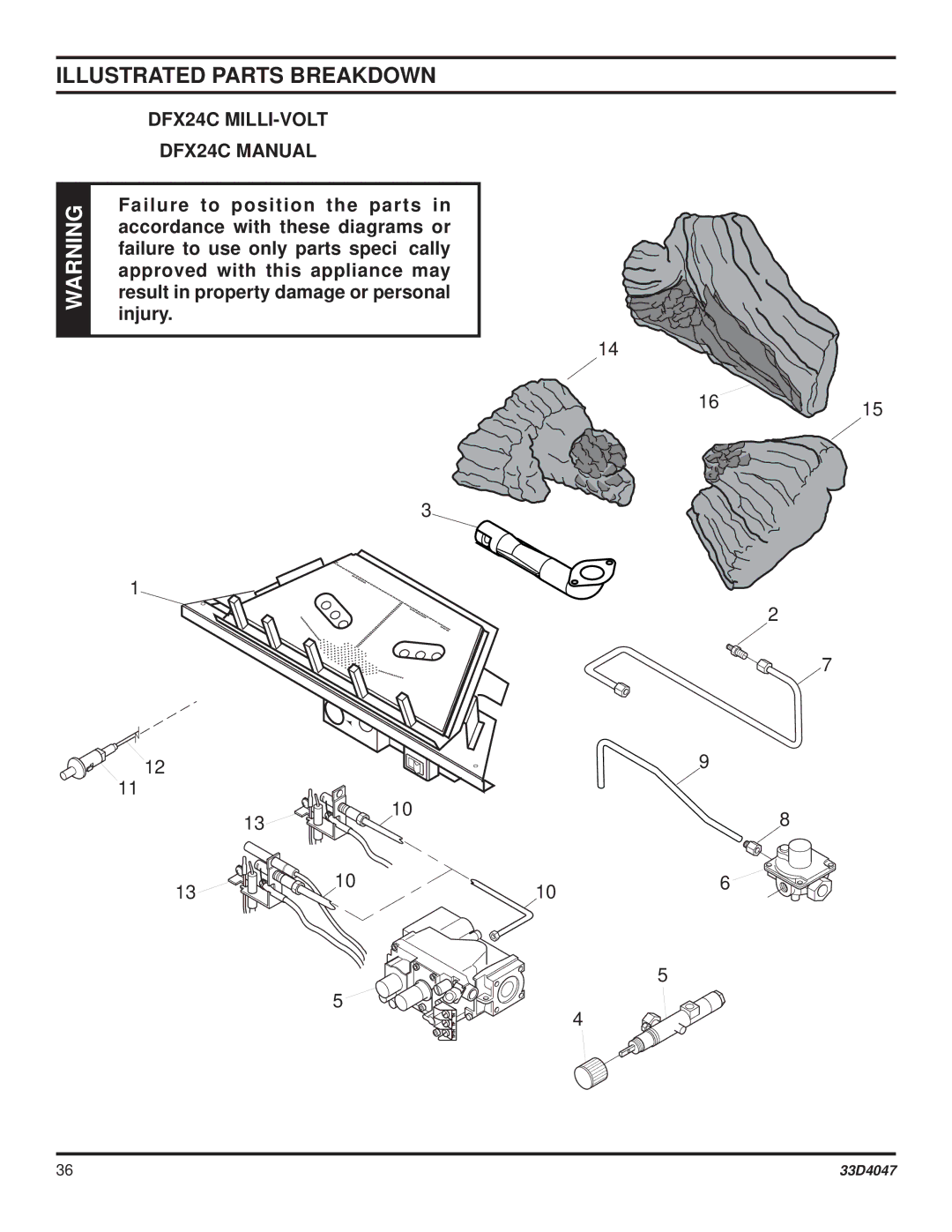 Monessen Hearth DBX24C* manual Illustrated Parts Breakdown, DFX24C MILLI-VOLT DFX24C Manual 