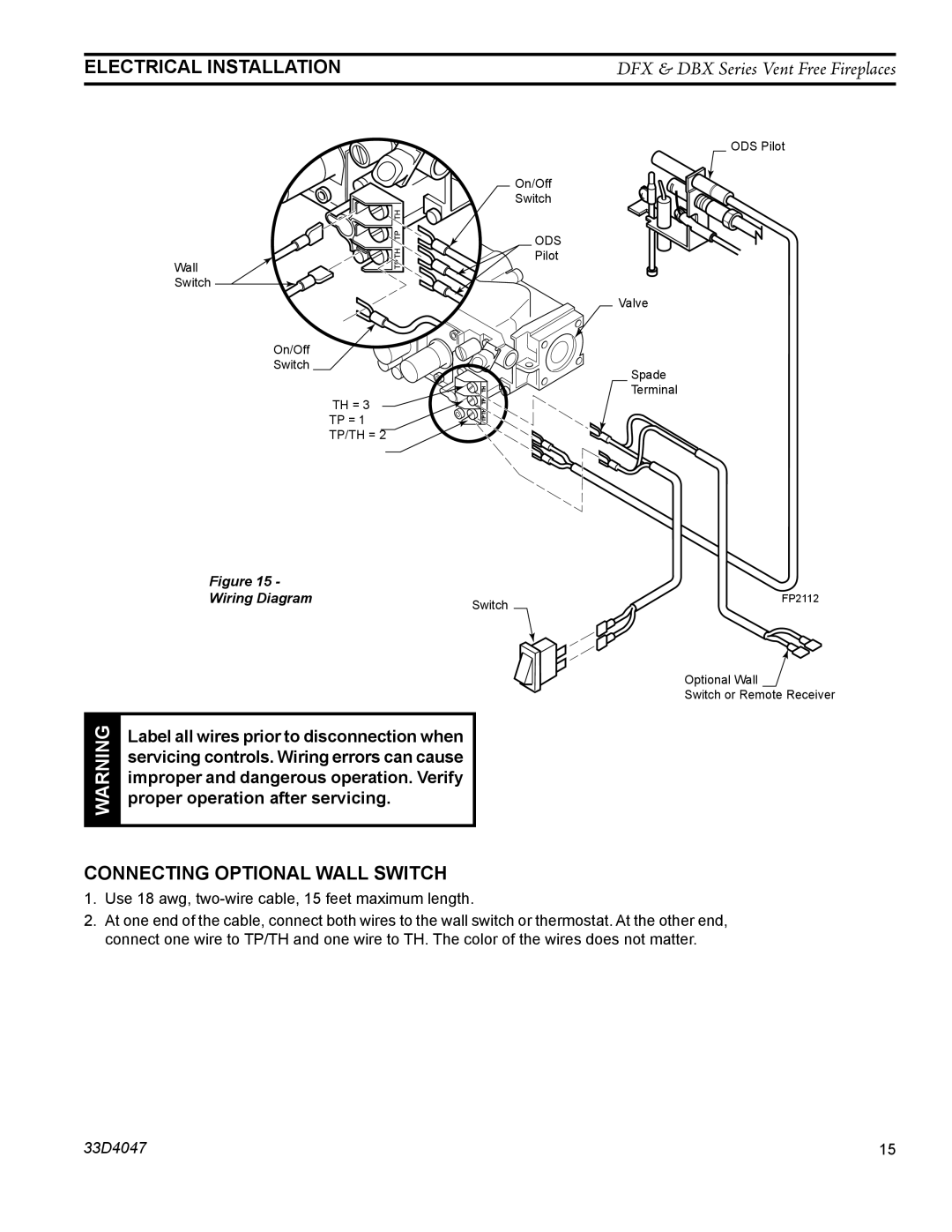 Monessen Hearth DBX24C manual Electrical Installation, Connecting Optional Wall Switch 