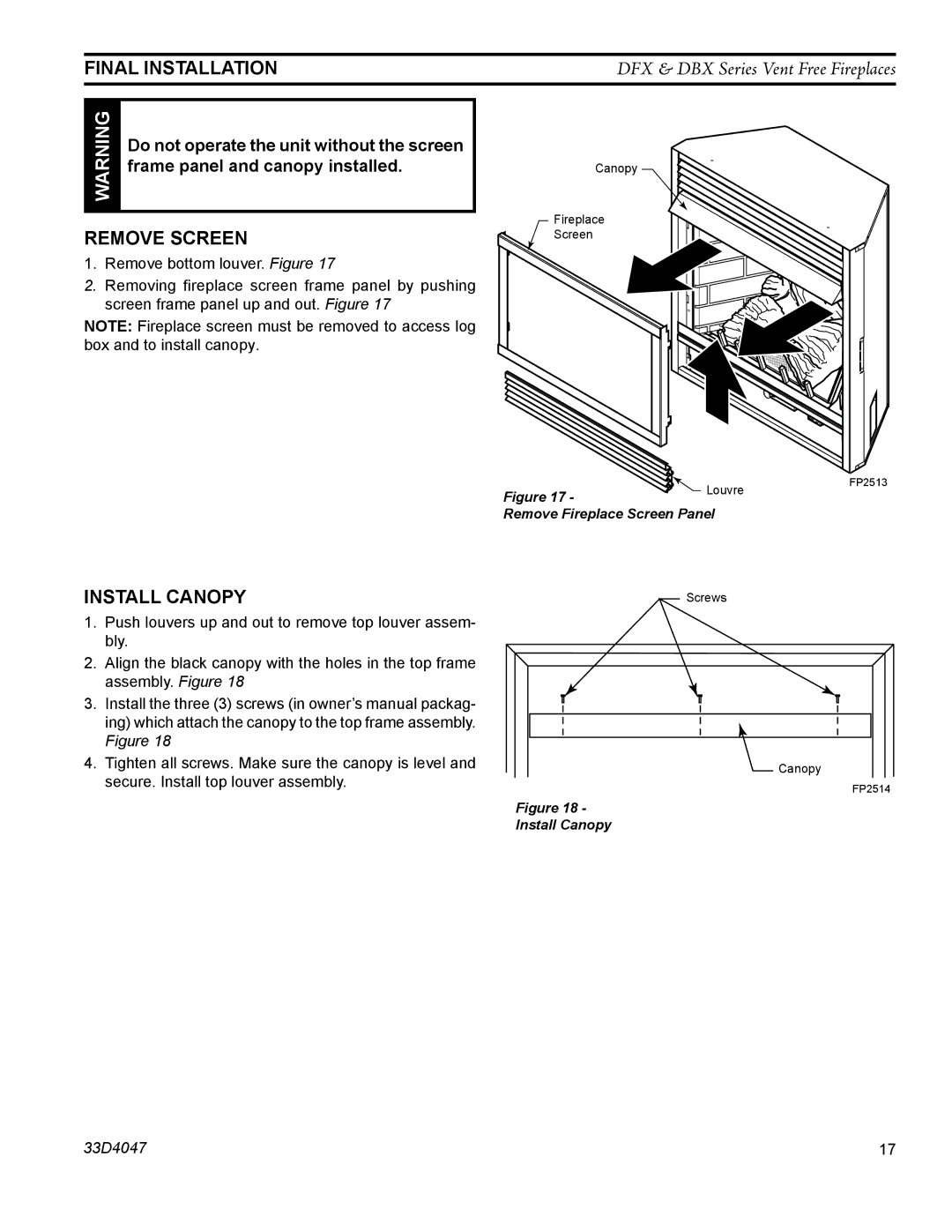 Monessen Hearth DBX24C manual Final Installation, Remove Screen, Install Canopy 