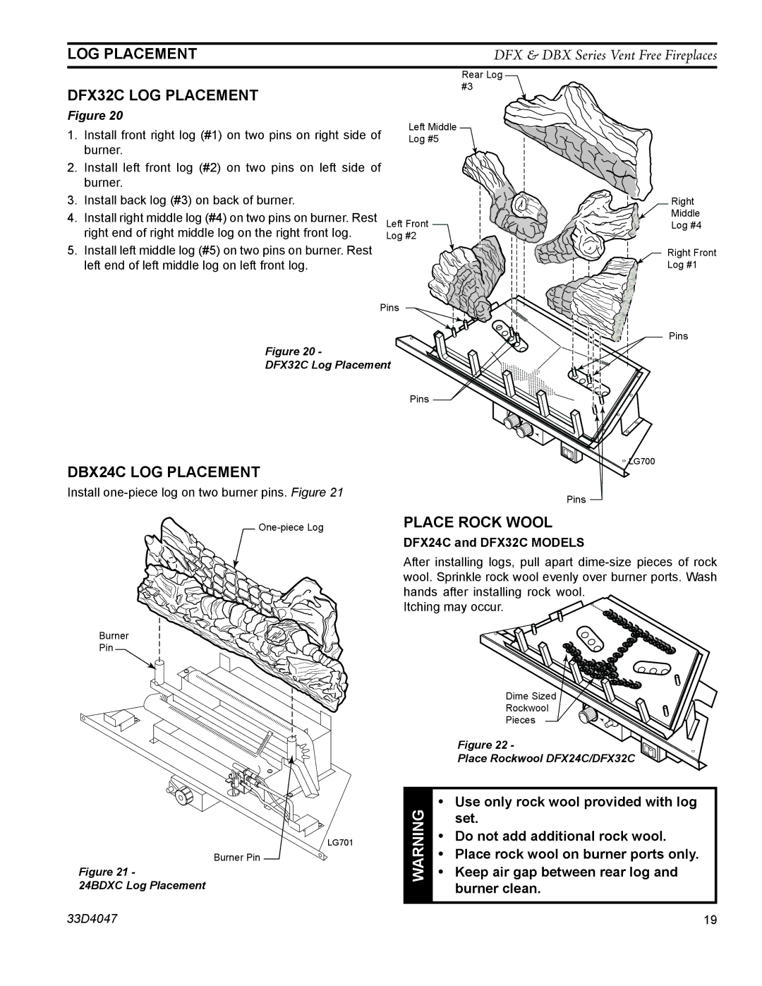 Monessen Hearth manual DFX32C Log placement, DBX24C Log placement, PlacE rock wool 