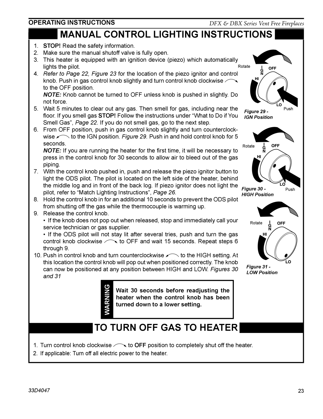 Monessen Hearth DBX24C manual Manual control lighting instructions, Operating Instructions 