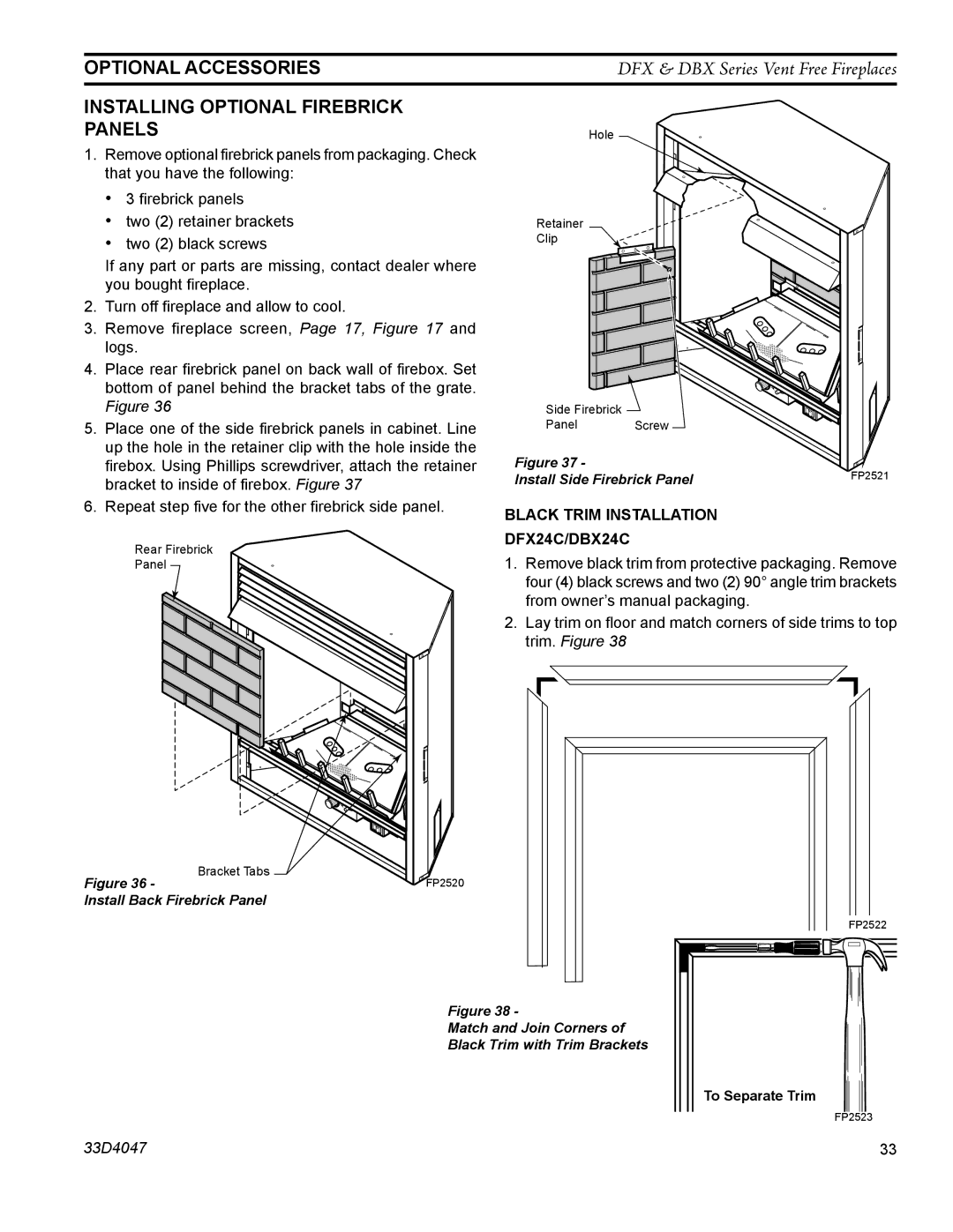 Monessen Hearth manual Optional Accessories, Installing optional FIREbrick panels, DFX24C/DBX24C 