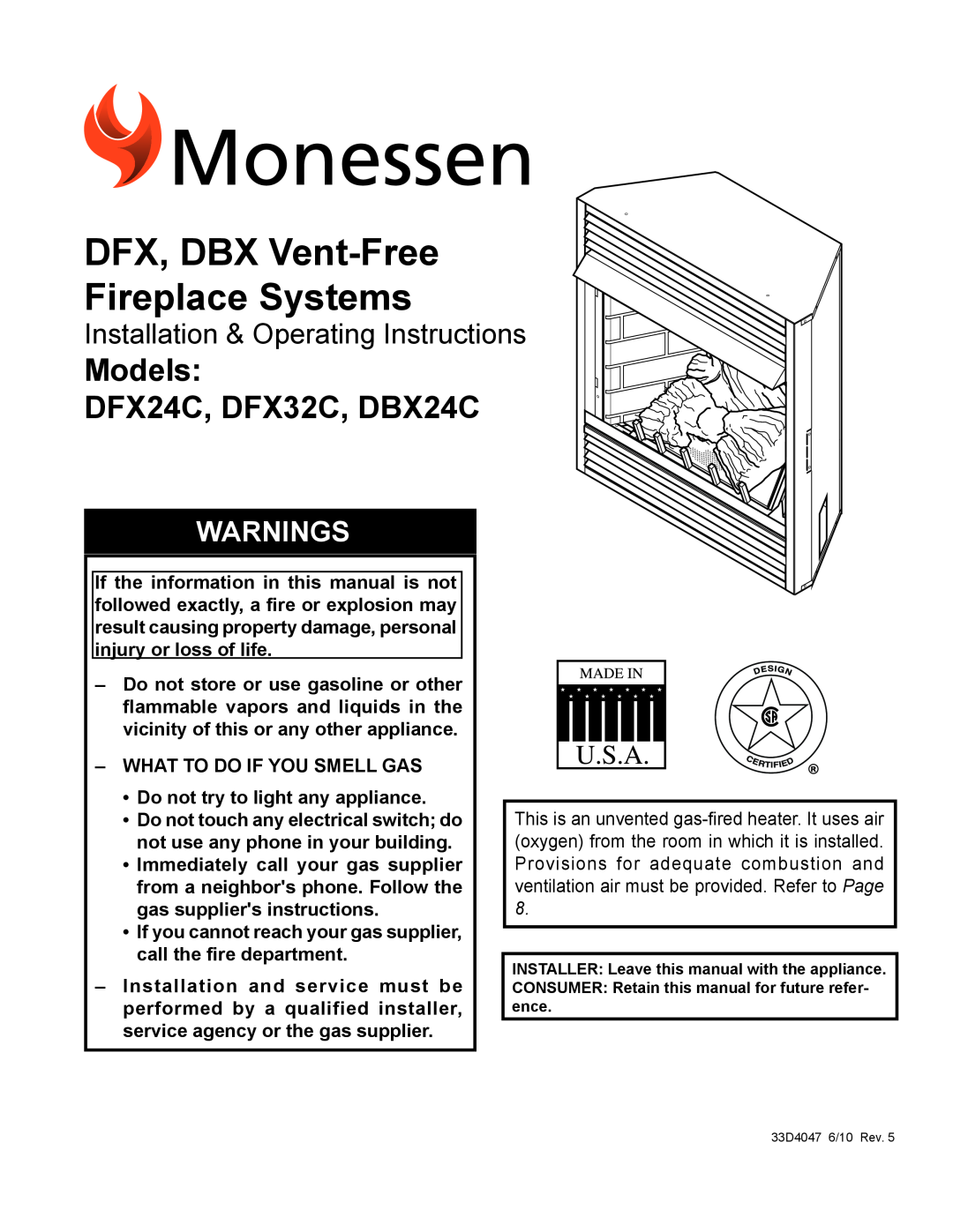 Monessen Hearth manual DFX, DBX Vent-FreeFireplace Systems, Models DFX24C, DFX32C, DBX24C, Warnings 