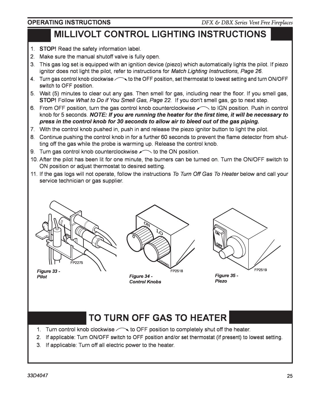 Monessen Hearth DBX24C manual Millivolt control lighting instructions, To Turn Off Gas To Heater, Operating Instructions 