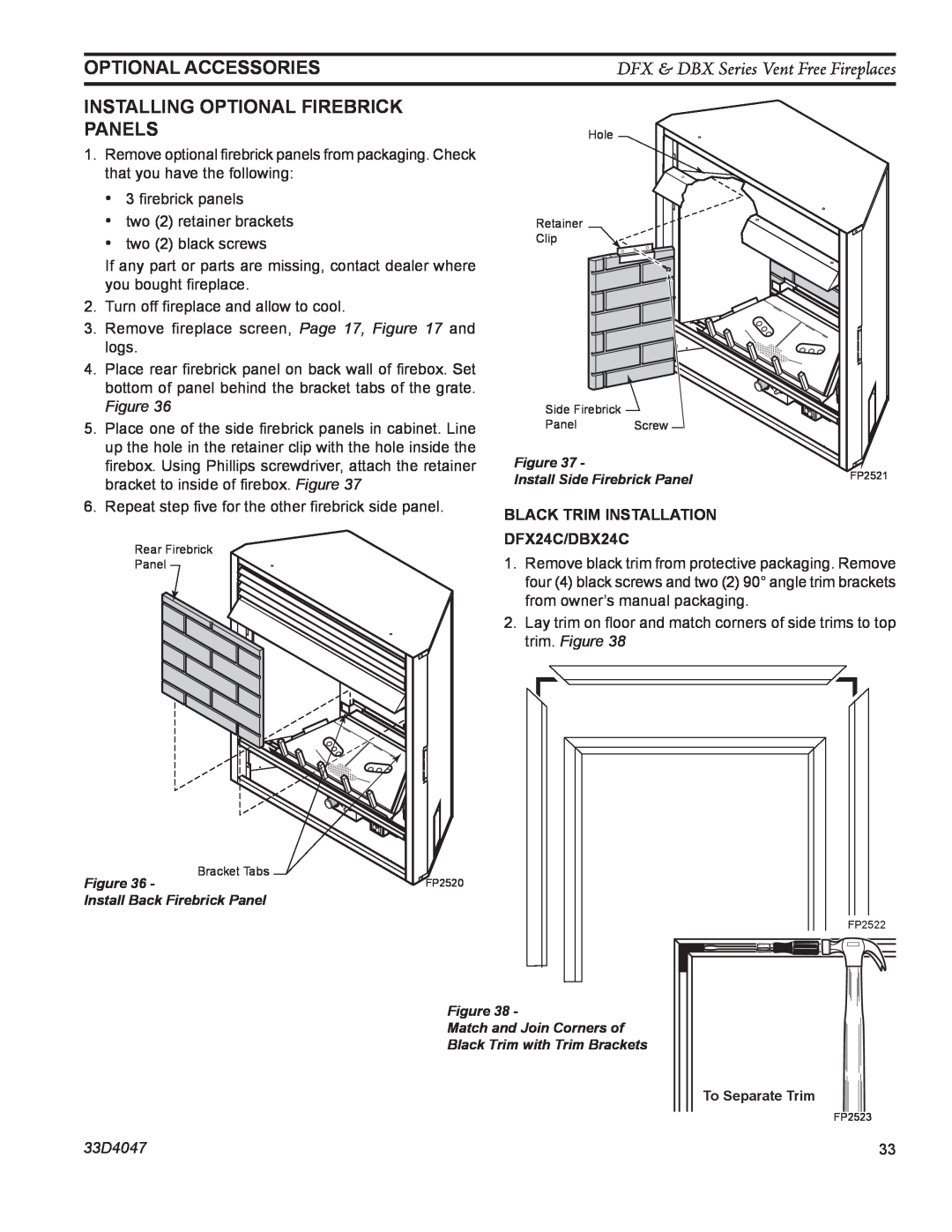 Monessen Hearth DBX24C manual Optional Accessories, DFX & DBX Series Vent Free Fireplaces, trim. Figure, 33D4047 