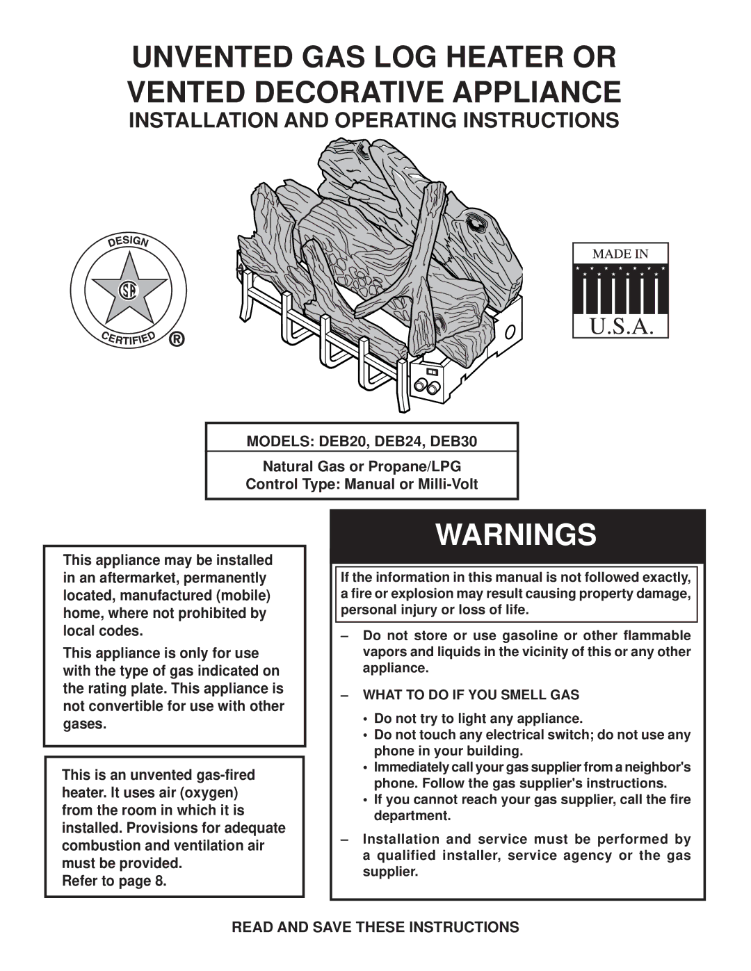 Monessen Hearth manual Models DEB20, DEB24, DEB30, Read and Save These Instructions, What to do if YOU Smell GAS 