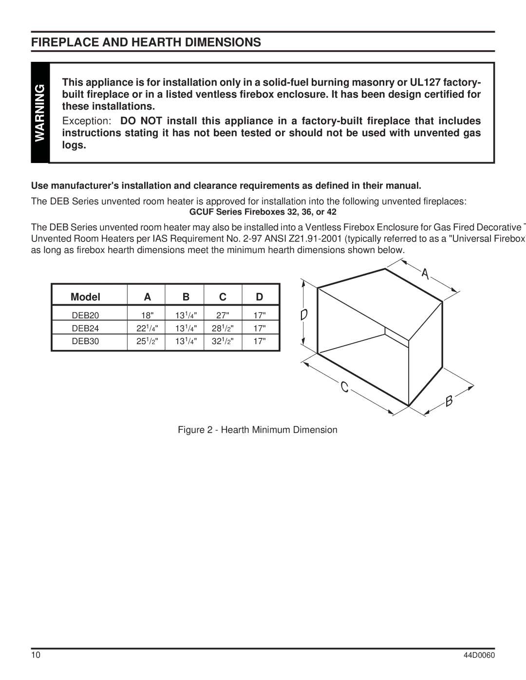 Monessen Hearth DEB20, DEB30 manual Fireplace and Hearth Dimensions, Hearth Minimum Dimension 