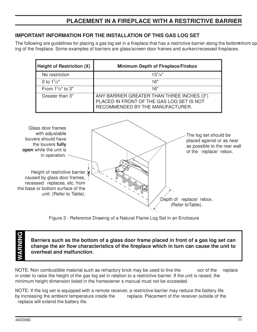 Monessen Hearth DEB30, DEB20 manual Placement in a Fireplace with a Restrictive Barrier 