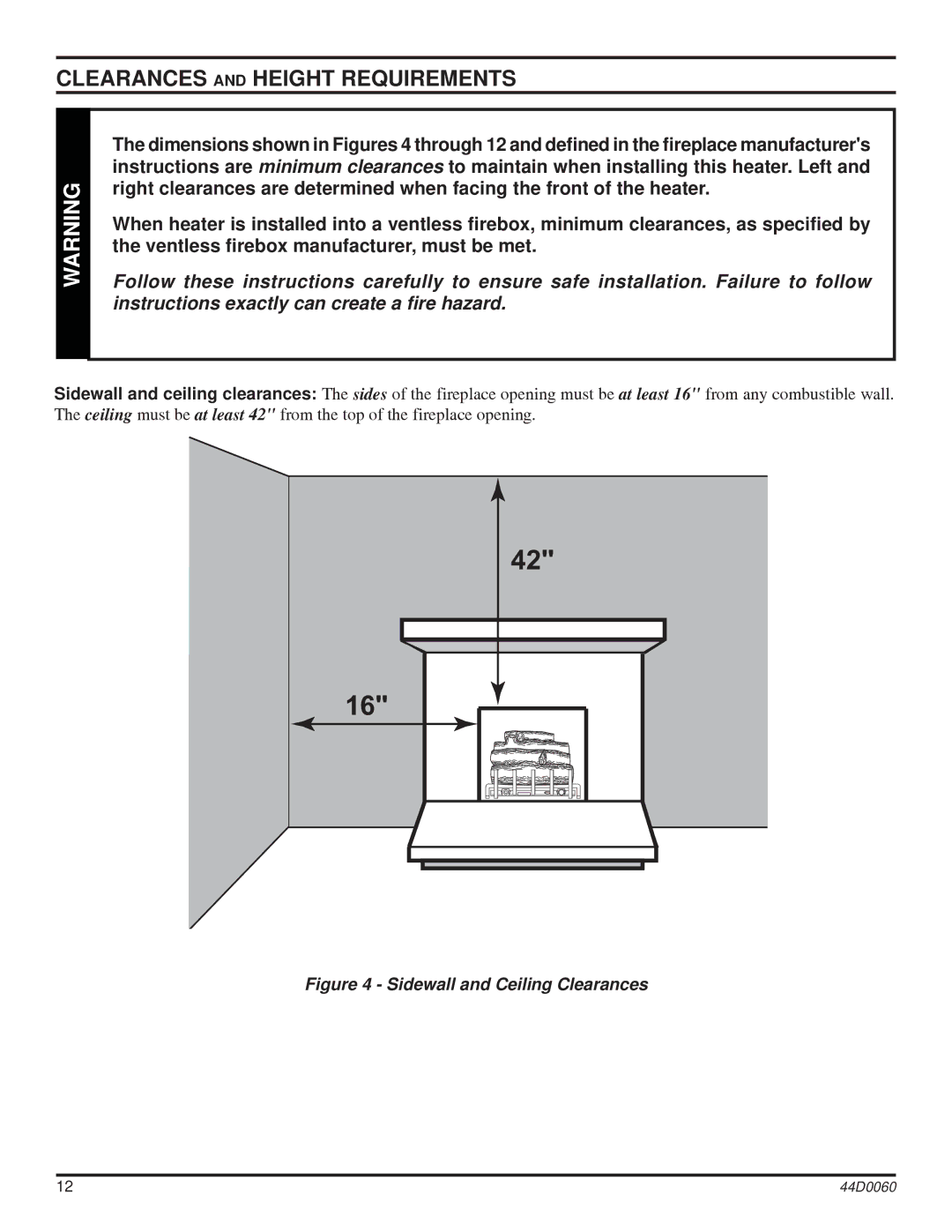 Monessen Hearth DEB20, DEB30 manual Clearances and Height Requirements, Sidewall and Ceiling Clearances 