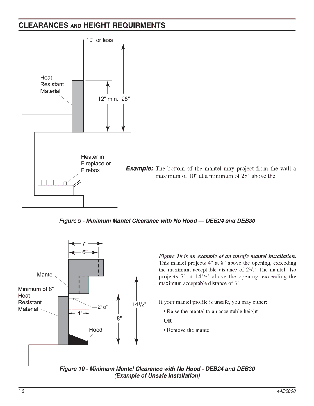 Monessen Hearth DEB20, DEB30 manual Example The bottom of the mantel may project from the wall a 