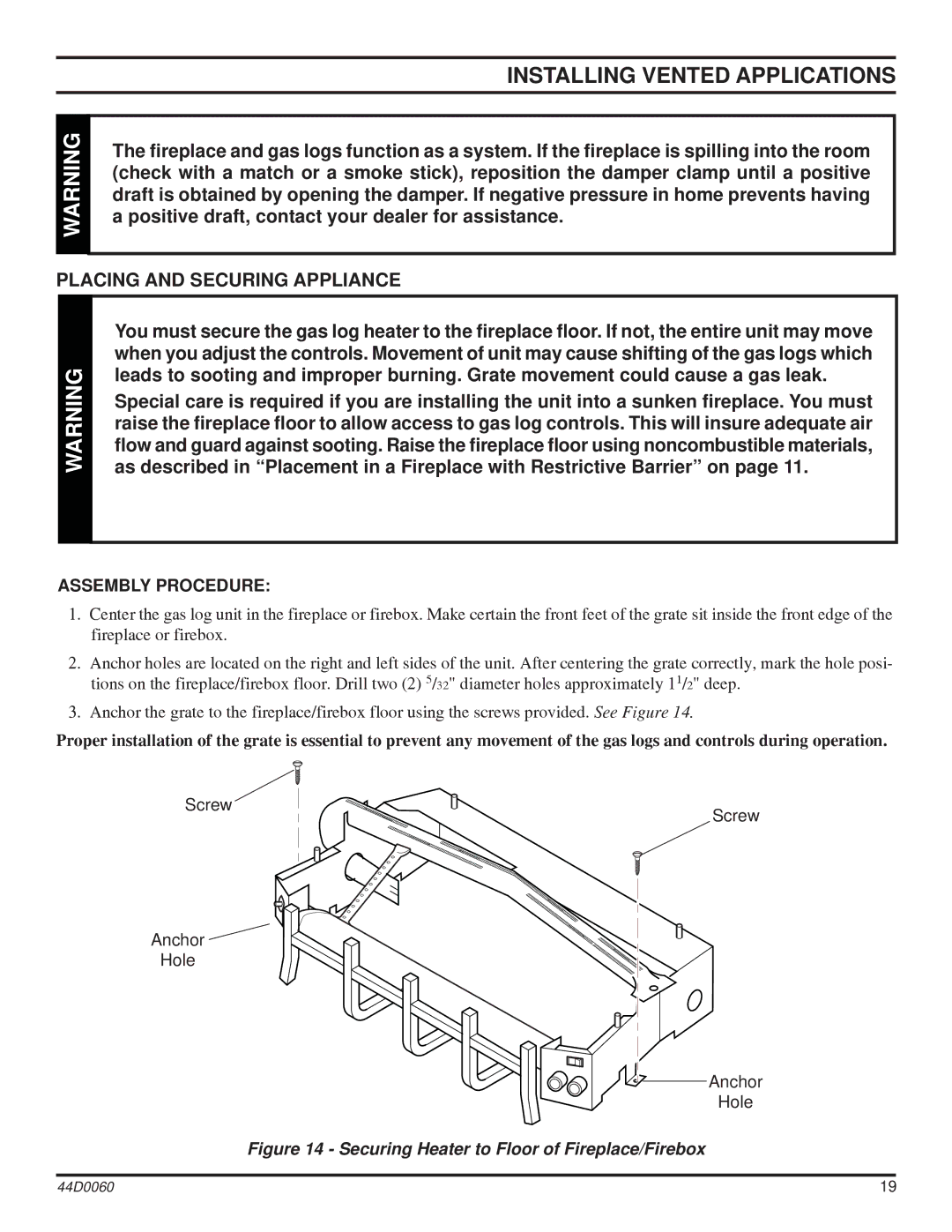 Monessen Hearth DEB30, DEB20 manual Installing Vented Applications, Placing and Securing Appliance, Assembly Procedure 