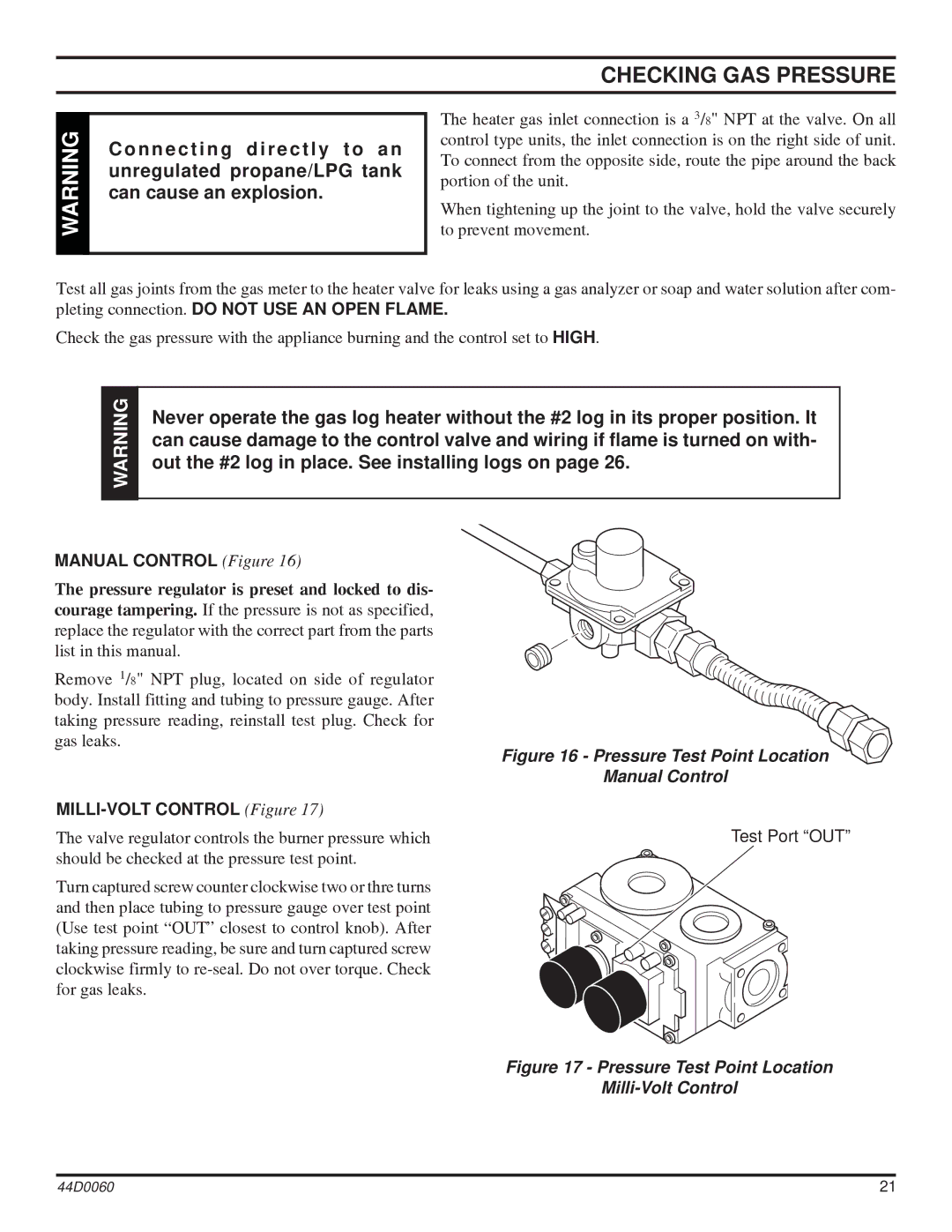 Monessen Hearth DEB30, DEB20 manual Checking GAS Pressure, Manual Control Figure 