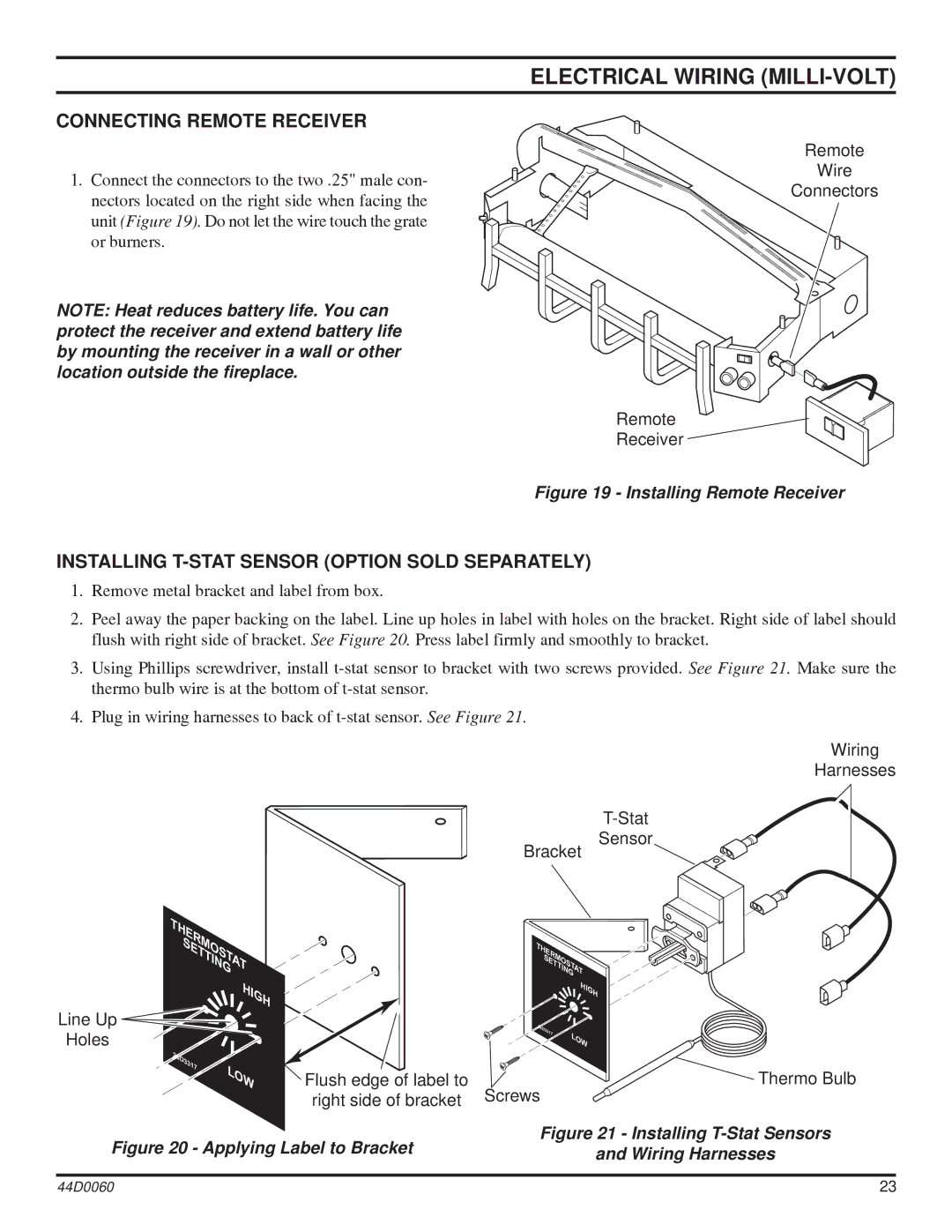 Monessen Hearth DEB30, DEB20 manual Connecting Remote Receiver, Installing T-STAT Sensor Option Sold Separately 