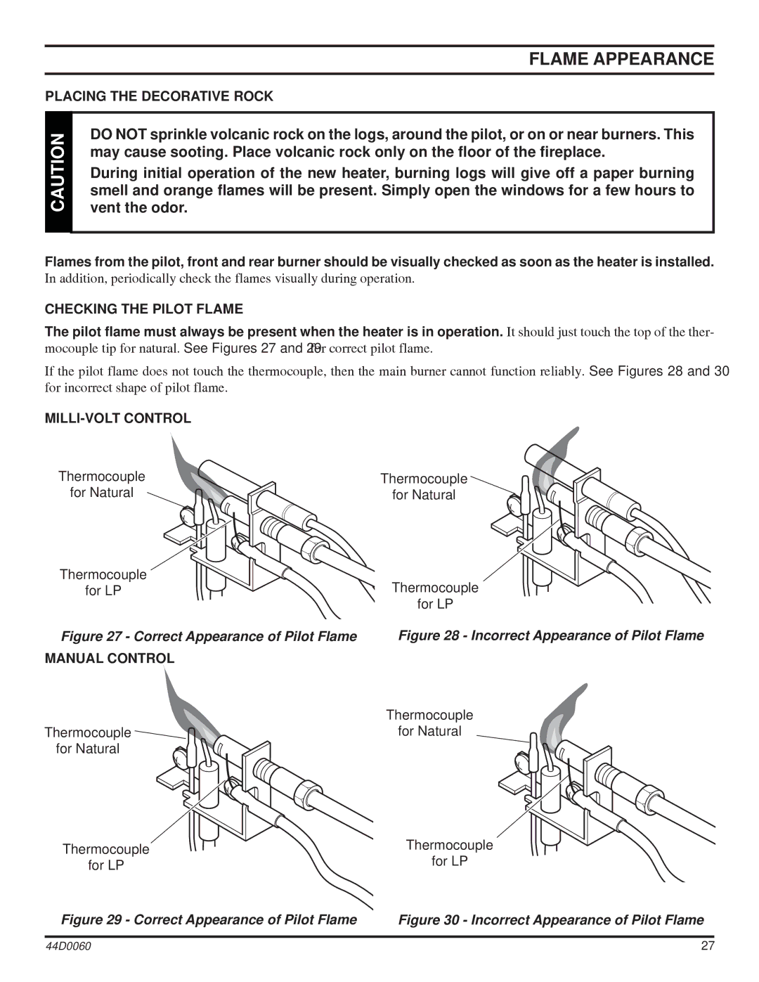 Monessen Hearth DEB30, DEB20 Flame Appearance, Placing the Decorative Rock, Checking the Pilot Flame, MILLI-VOLT Control 