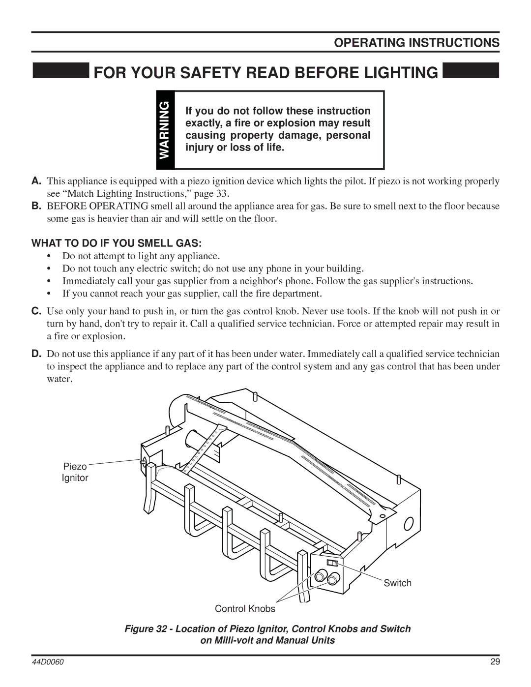 Monessen Hearth DEB30, DEB20 manual Operating Instructions, What to do if YOU Smell GAS 