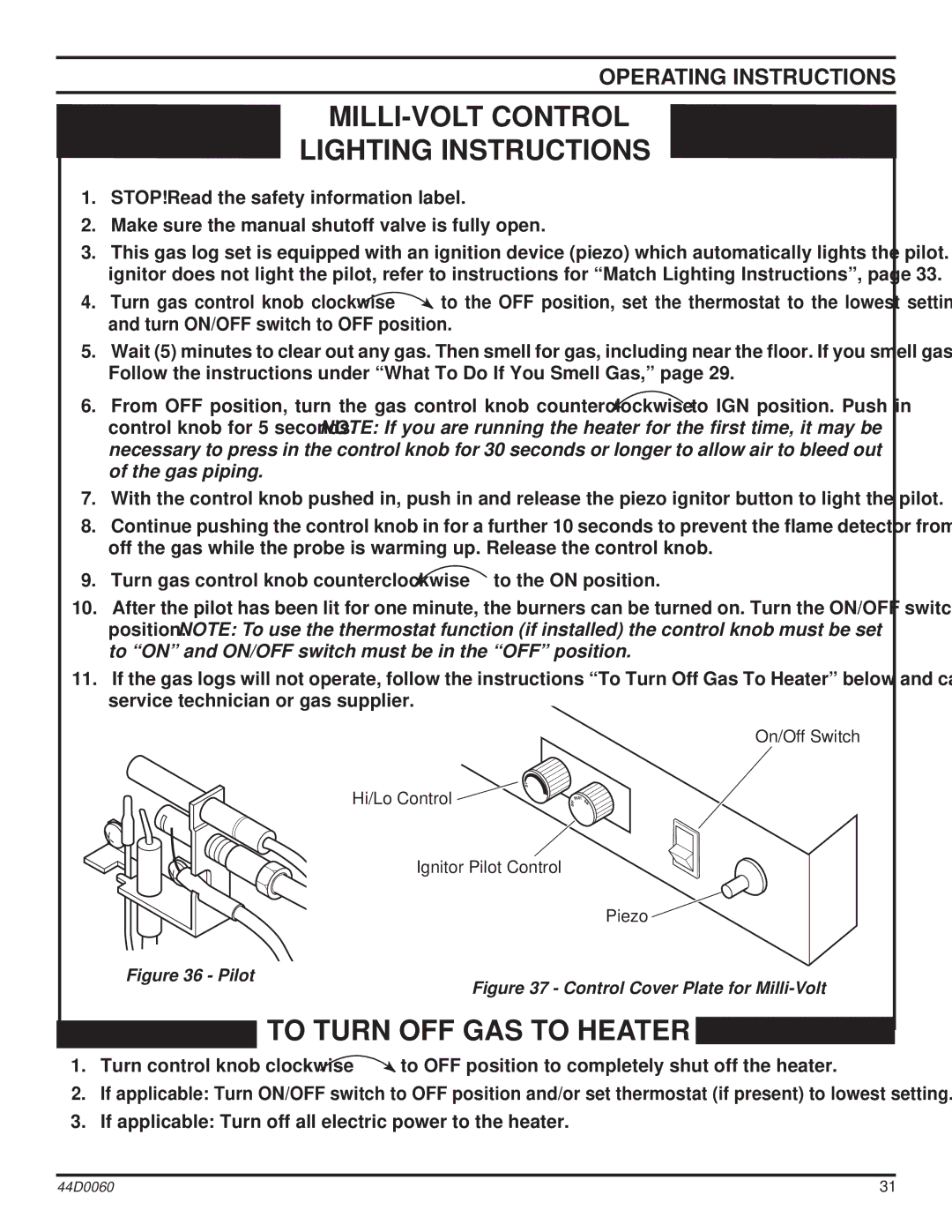 Monessen Hearth DEB30, DEB20 manual MILLI-VOLT Control Lighting Instructions 