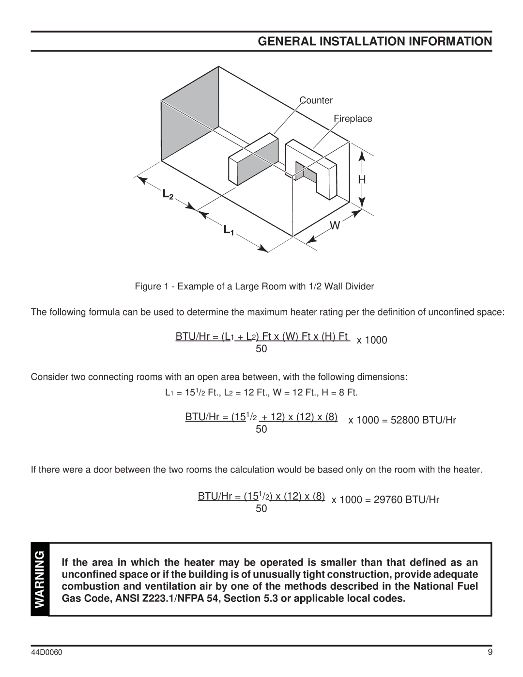 Monessen Hearth DEB30, DEB20 manual BTU/Hr = 151/2 x 12 x 8 x 1000 = 29760 BTU/Hr 