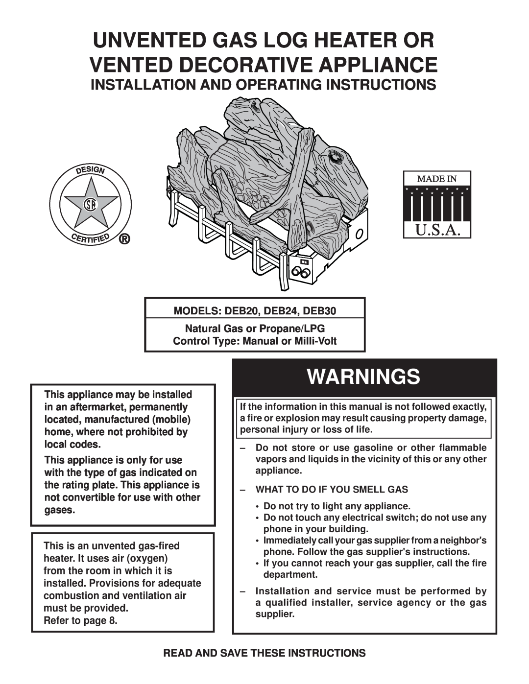 Monessen Hearth DEB30, DEB20 manual Installation And Operating Instructions, Warnings 