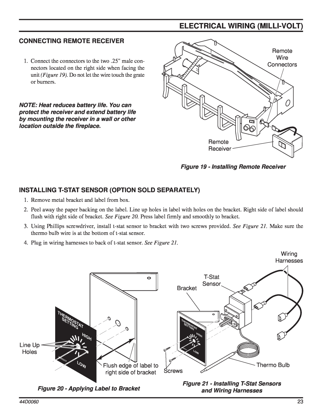 Monessen Hearth DEB30, DEB20 manual Electrical Wiring Milli-Volt, Connecting Remote Receiver, Settin 