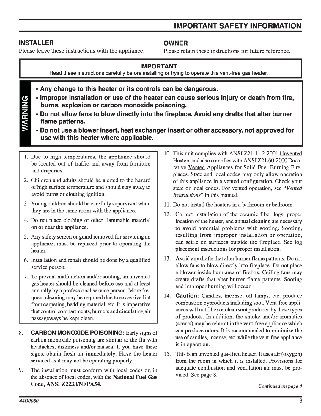 Monessen Hearth DEB30, DEB20 manual Important Safety Information 