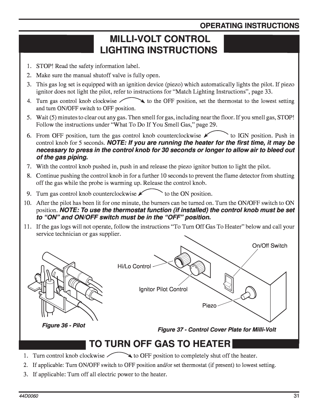 Monessen Hearth DEB30, DEB20 Milli-Voltcontrol Lighting Instructions, To Turn Off Gas To Heater, Operating Instructions 