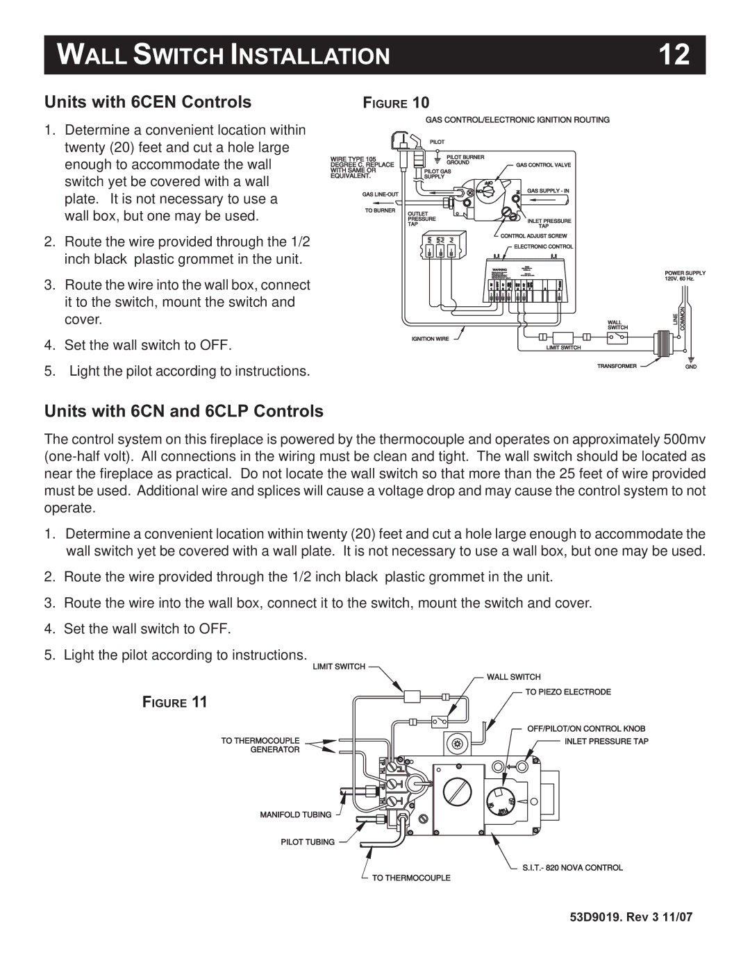 Monessen Hearth DESIGNER SERIES manual Wall Switch Installation, Units with 6CEN Controls 