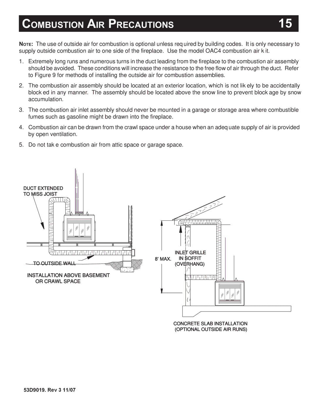 Monessen Hearth DESIGNER SERIES manual Combustion AIR Precautions 