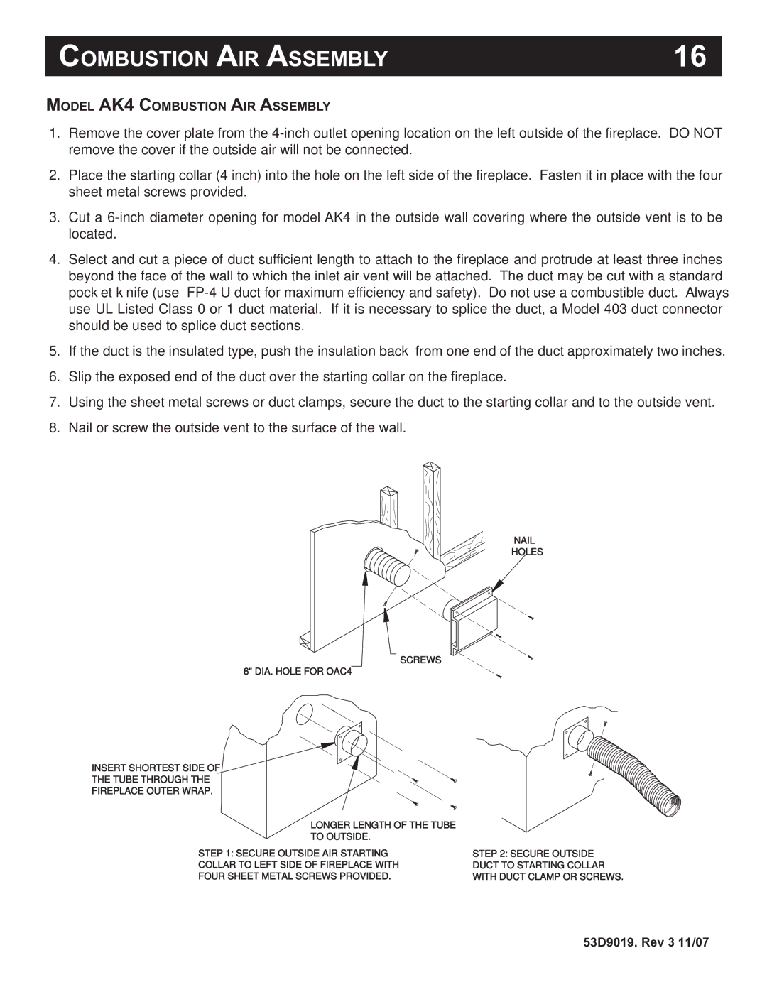 Monessen Hearth DESIGNER SERIES manual Combustion AIR Assembly 