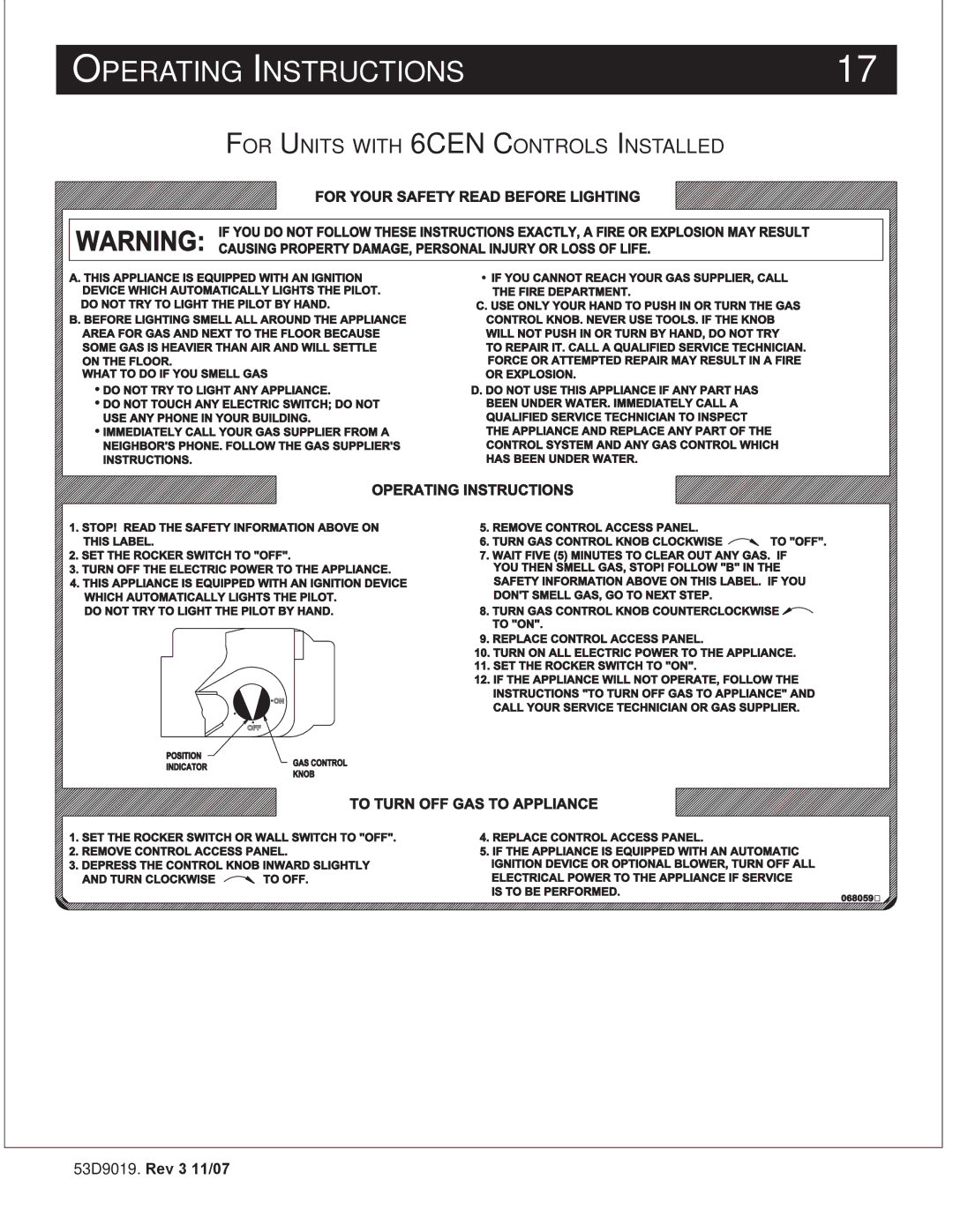 Monessen Hearth DESIGNER SERIES manual Operating Instructions, For Units with 6CEN Controls Installed 