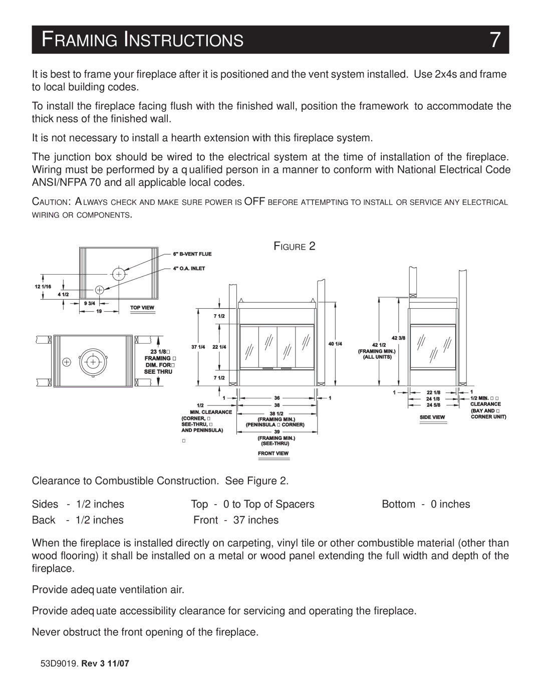 Monessen Hearth DESIGNER SERIES manual Framing Instructions, Framing DIM. for see Thru 