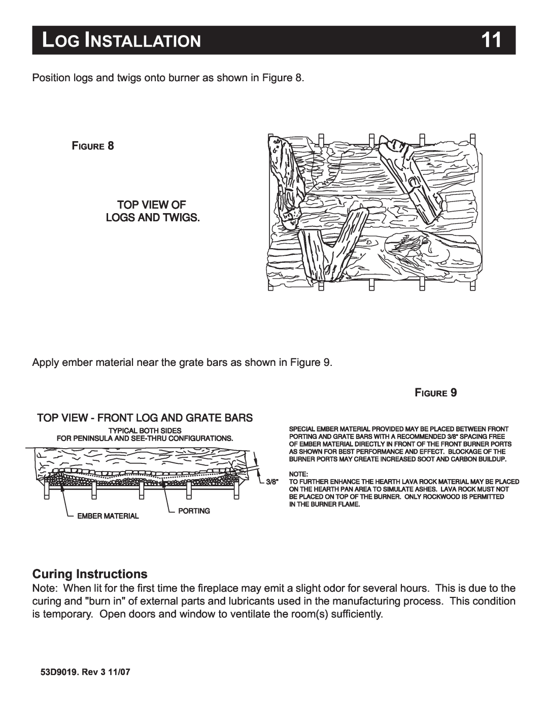 Monessen Hearth DESIGNER SERIES manual Log Installation, Curing Instructions, Top View Of Logs And Twigs 