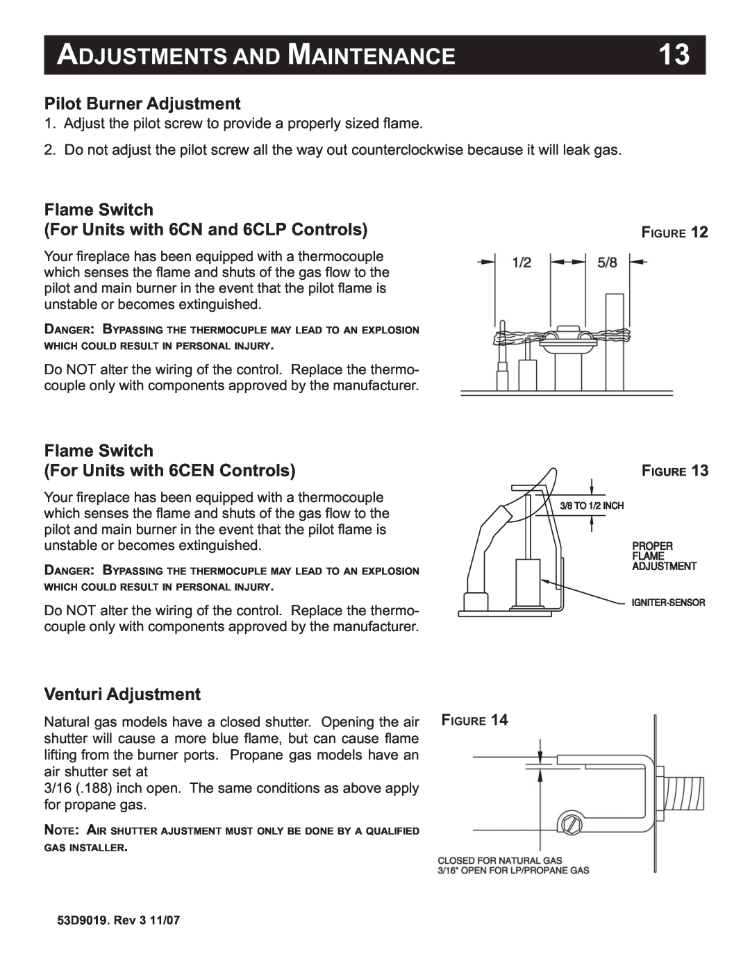 Monessen Hearth DESIGNER SERIES manual Adjustments And Maintenance, Pilot Burner Adjustment, Venturi Adjustment 