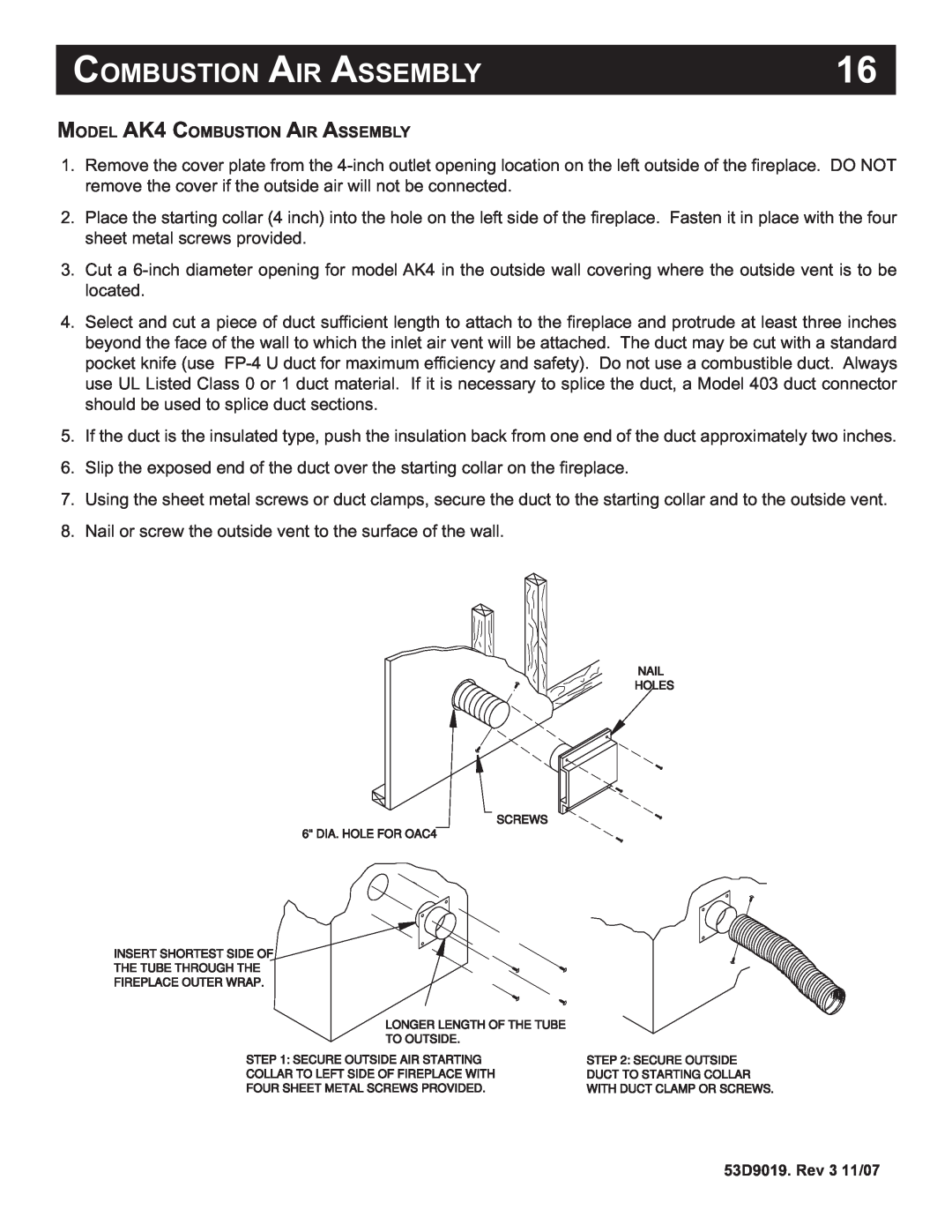 Monessen Hearth DESIGNER SERIES manual Combustion Air Assembly, MODEL AK4 COMBUSTION AIR ASSEMBLY, 53D9019. Rev 3 11/07 
