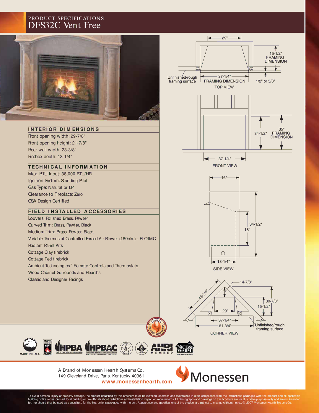 Monessen Hearth specifications DFS32C Vent Free 