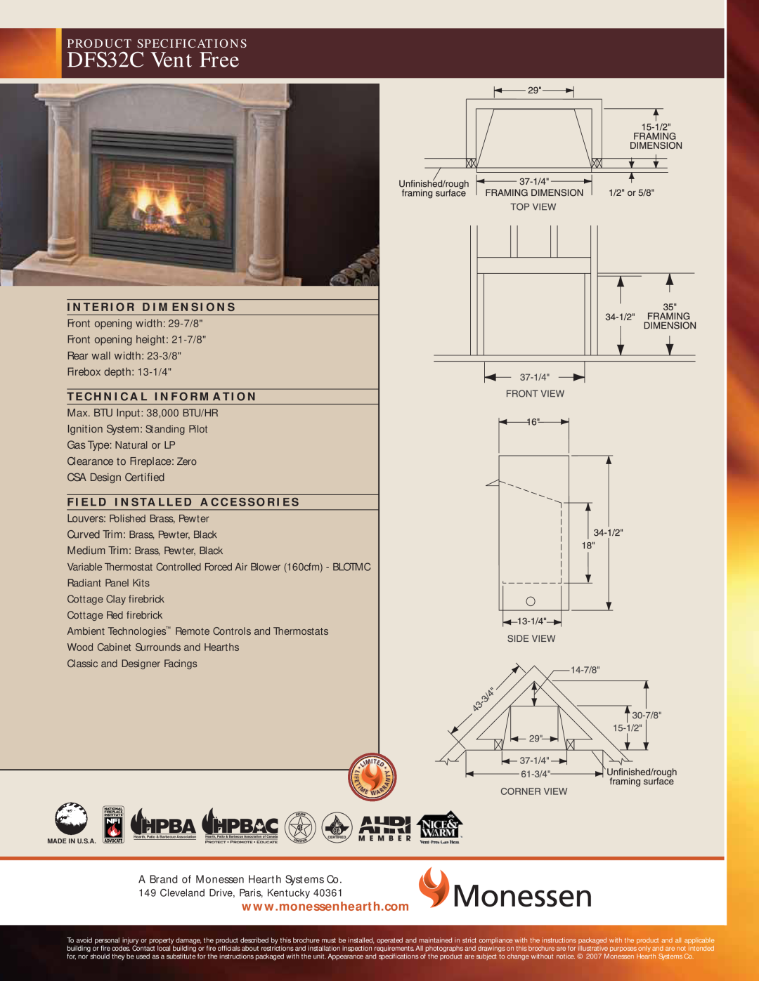 Monessen Hearth specifications DFS32C Vent Free, Product Specifications 