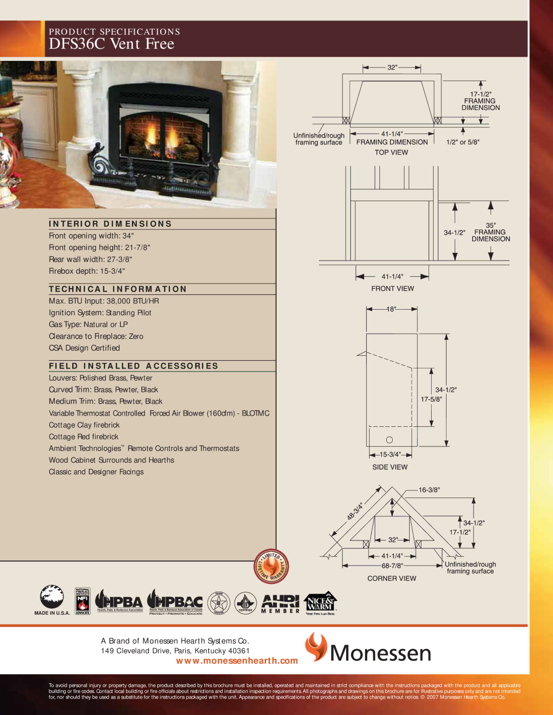 Monessen Hearth specifications DFS36C Vent Free, Classic and Designer Facings 