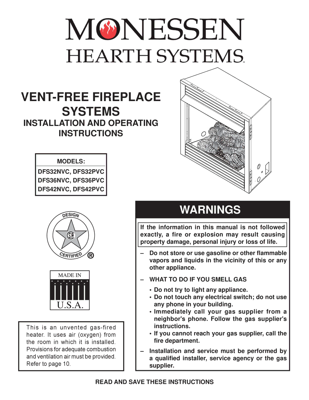 Monessen Hearth DFS42NVC, DFS36NVC, DFS32NVC, DFS32PVC manual What to do if YOU Smell GAS, Read and Save These Instructions 