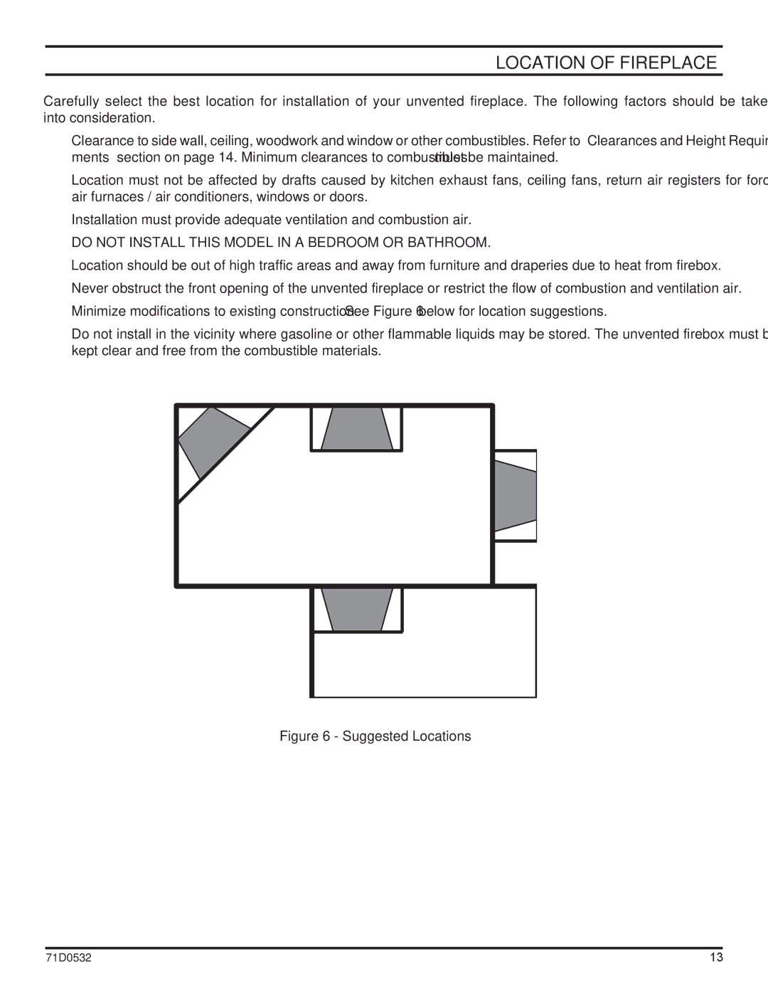 Monessen Hearth DFS42NVC, DFS36NVC, DFS32NVC manual Location of Fireplace, Do not Install this Model in a Bedroom or Bathroom 