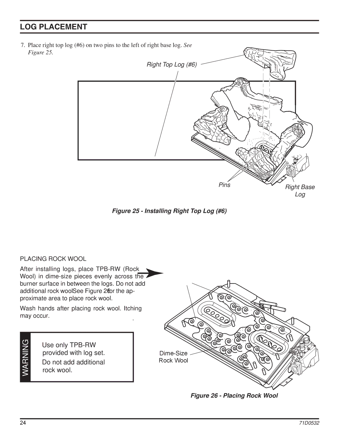 Monessen Hearth DFS36NVC, DFS42NVC, DFS32NVC, DFS32PVC, DFS42PVC, DFS36PVC manual Installing Right Top Log #6, Placing Rock Wool 