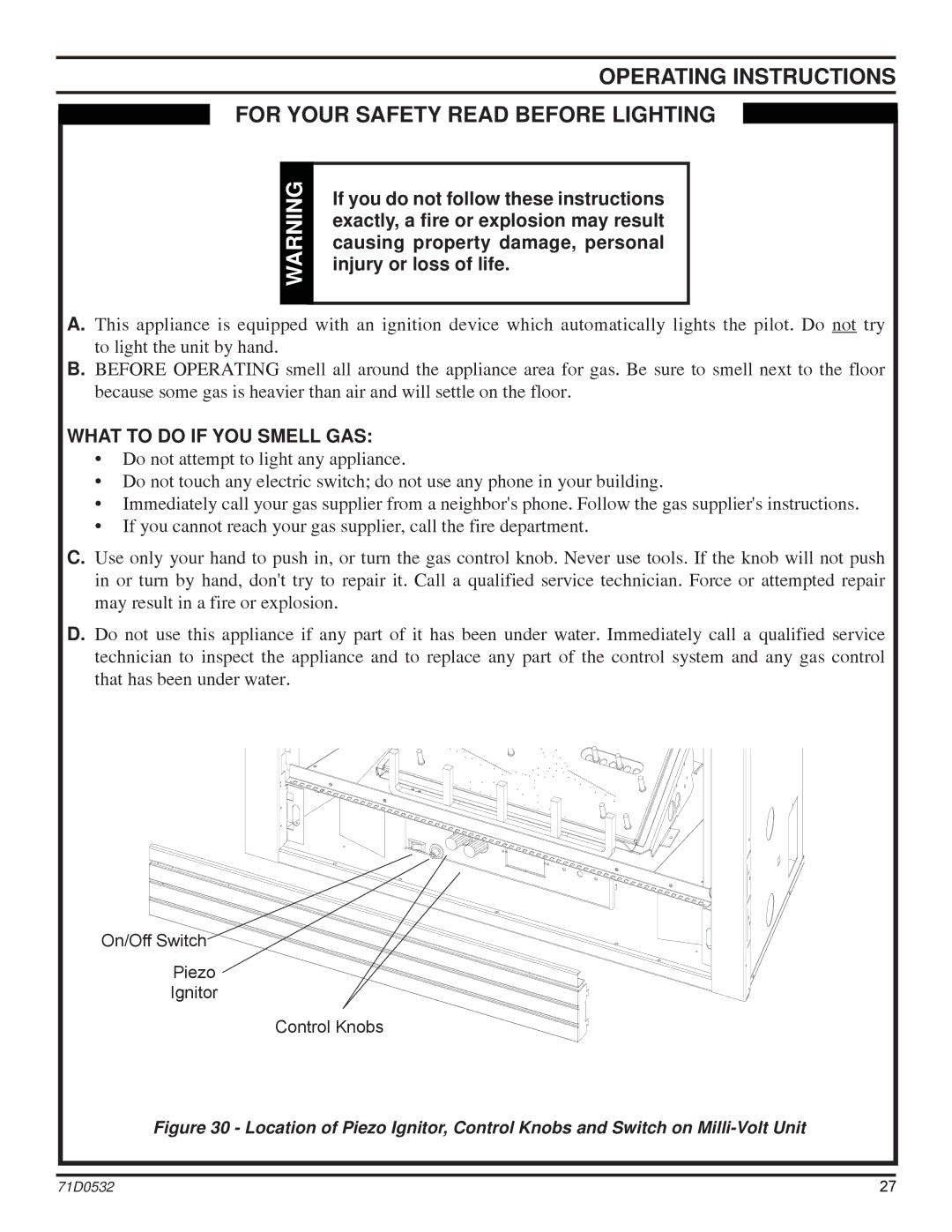 Monessen Hearth DFS32PVC manual Operating Instructions For Your Safety Read Before Lighting, What to do if YOU Smell GAS 